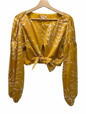 Camila Coelho Mustard Yellow Botanical Tie-Front Crop Top